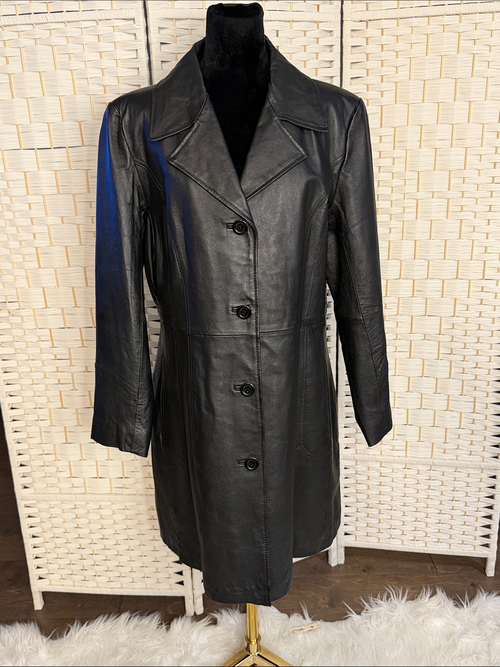Women's Black Leather Button-Front Coat